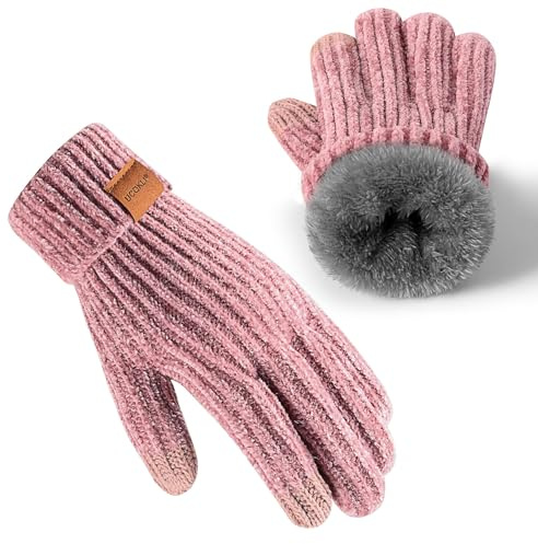 UCQKLI Handschuhe Damen Winter Chenille, Thermo Handschuhe Damen Touchscreen Kaltes Wetter Fleece Gefüttert Finger mit Elastischem Strickbündchen(Rosa)