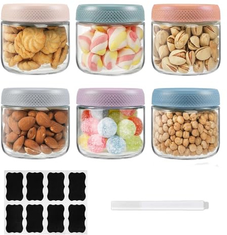 ZhouZGlass 6-Pack 300ml Glass jars with Airtight Screw Lids, Overnight Oats Containers with Lids, Wide mouth Mason Salad jars, Glass Food Storage Containers for Snacks Yogurt Spice Sugar