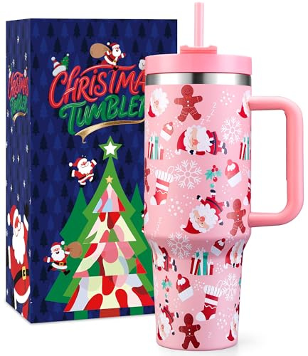 TaroKitc Weihnachtsgeschenke für Frauen, Männer und Kinder, 1.18 l / 40 oz Weihnachts-Tumbler mit Henkel und Trinkhalm, doppelwandiger Edelstahl-Isolier-Travel-Kaffeebecher, passend für Becherhalter