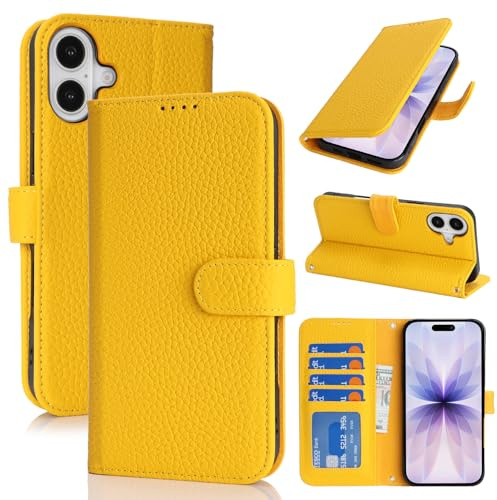 Zouzt Leather Wallet Case for iPhone 17, 4 Card Slot, Yellow | Genuine Leather, Card Holder, Shockproof TPU Shell, Magnetic Closure, Protective Flip Folio Phone Cover, For Women Men