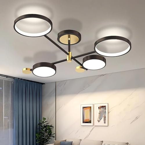 LED-Deckenleuchte moderne Wohnzimmer Kronleuchter Runder Kreis Schlafzimmer Pendellampe 3000 K - 6500 K dimmbar mit Fernbedienung Hängeleuchte Schlafzimmer Indoor Deckenlampe (Schwarz, 4 Köpfe)