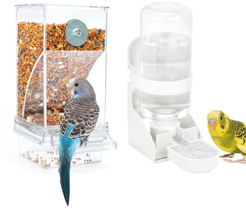 Rypet No Mess Bird Water Feeder Dispenser Set Automatic Bird Feeder Transparent Food Container Cage Acrylic Parrot Feeders Accessories for Small Birds Parrot Cockatoo Canary