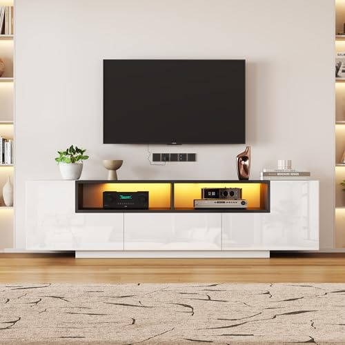 MURUL Mobile TV da 180 x 40 x 48 cm, lucido bianco/nero, con luce LED e cassetti, per TV fino a 75 pollici