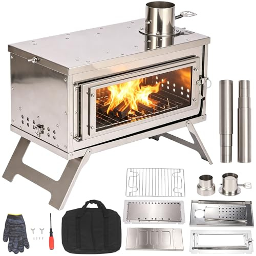 Camp Fire - Estufa de tienda de campaña de acero inoxidable con chimenea, estufa de leña portátil con bolsa de transporte y rejilla para cenizas, cocina de leña resistente a altas temperaturas para