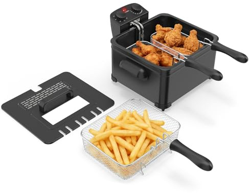 COSTWAY Friteuse à Huile 2000 W, 5 L, avec Minuterie et Température Réglables 190°C, 3 Panier, Pièces Lavable au Lave-vaisselle, Couvercle avec Fenêtre, Protection surchauffe, Noir