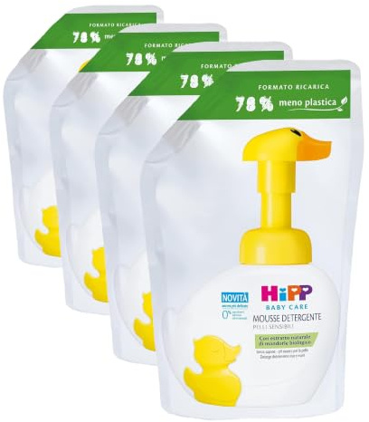 HiPP - Baby Care Ökologisches Nachfüll-Reinigungsmousse für Kinder, reinigt Gesicht, Körper und Hände sanft für empfindliche Haut, mit natürlichem Bio-Mandel-Extrakt, 1 x 250 ml (Packung mit 4)