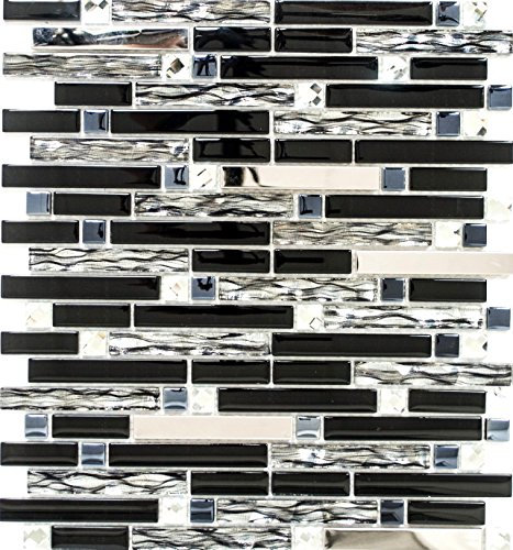 Mosaik Verbund Crystal/Edelstahl mix schwarz/Glas Metall Mix Fliesenspiegel, Mosaikstein Format: 15x48/98/148x8 mm, Bogengröße: 298x338 mm, 10 Bögen