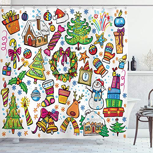 ABAKUHAUS Weihnachten Duschvorhang, Neujahr Süßigkeiten, Stoffliches Gewebe Badezimmerdekorationsset mit Haken, 175 x 220 cm, Grün Mehrfarbig