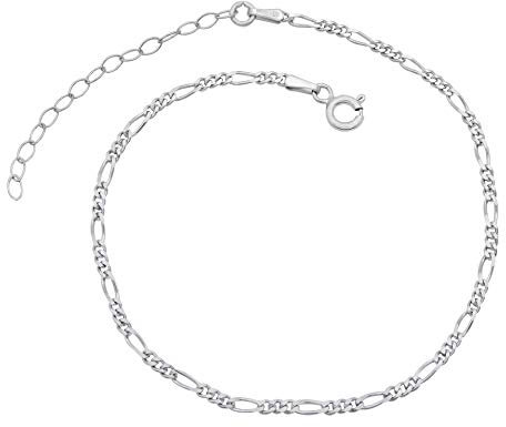Damen Fußkettchen Figarokette 925 Sterling Silber rhodiniert 2,3mm breit 20-25 cm lang Fußkette Armkette Anklet anlaufgeschützt nickelfrei
