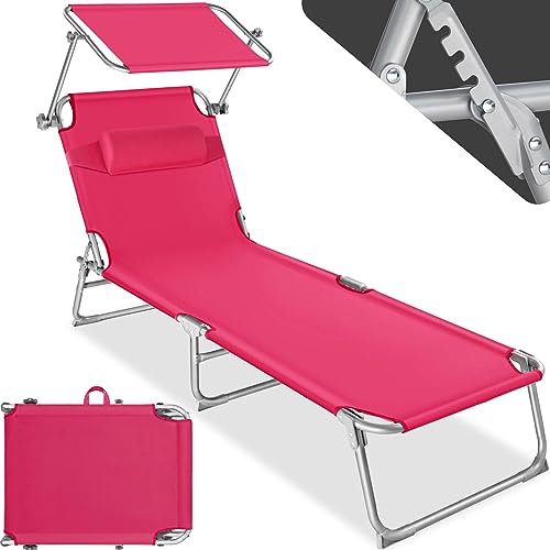 Tectake® Chaise Longue Pliante Bain de Soleil avec Pare Soleil & Appuie-tête - Inclinable Transat de Plage Relax pour Jardin, Camping, Salon Extérieur - Rose