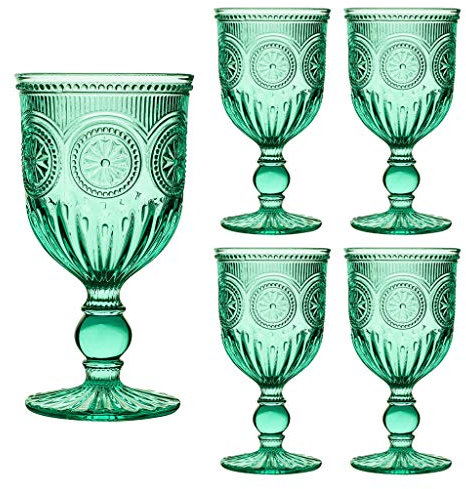 Wine Glass Set of 4 Turquoise Embossed 300ml Drink Goblets Alfresco Dining Glassware