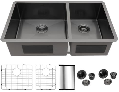 Logmey 33x19 Gunmetal Black Undermount Double Sink - 60/40 Double Bowl Stainless Steel Sink