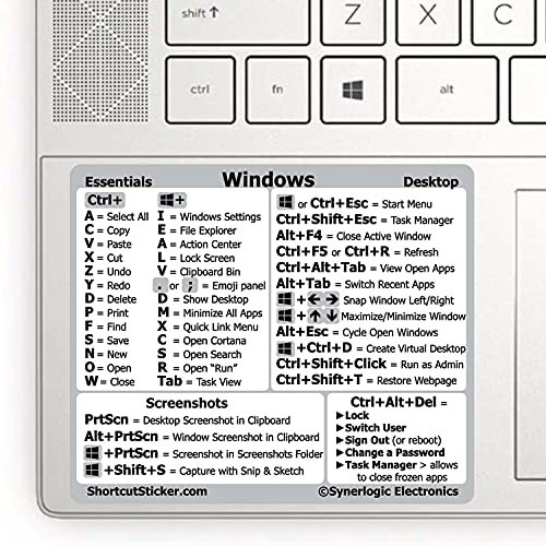 SYNERLOGIC Windows PC Keyboard Shortcuts Sticker | No-Residue Laminated Vinyl Cheatsheet Windows Keyboard Sticker 89 x 76mm (White, Large)