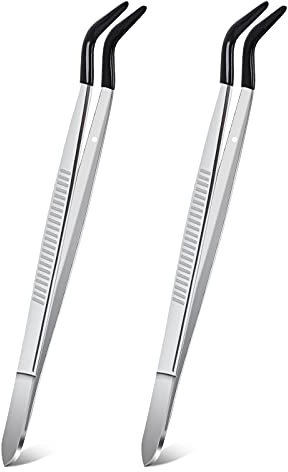 ASTER 2 pinzas de punta doblada de goma con revestimiento de PVC que no se desgastan, pinzas de punta curvada para laboratorio, herramienta industrial de joyería y manualidades