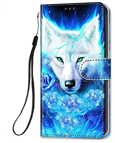 HopMore für iPhone SE 2020 / iPhone 7 / iPhone 8 Leder Hülle, Motiv Stoßfest Handyhülle Flip Case Klapphüllen mit Tasche Klappbar Muster Schutzhülle Lederhülle mit Silikon Cover - Wolf/Blau