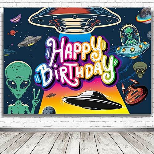 IIILUYOT Décorations amusantes d'OVNI « Happy Birthday », univers spatial, soucoupe volante, extraterrestre effrayant sur le thème des OVNI amateurs d'OVNI, grande bannière murale de décoration (180 x