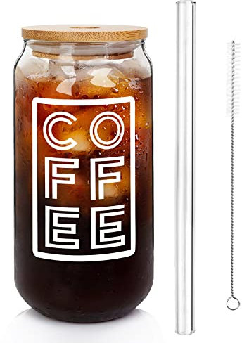 ANOTION Iced Coffee Cup with Lids and Straw, Beer Can Glass with Bamboo Cover 20 Oz Glass Coffee Cups Reusable Drinking Glasses Tumbler to Go Coffee Cups for Travel Office Home Tea Margaritas Juice