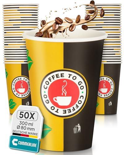 Commerline 50 Stück 12oz Ø80mm 300ml Kaffeebecher to go | Pappbecher Cups Coffee to Go Becher | Kaffee to+go Papierbecher Hartpapier Einwegbecher | Einweg Becher für Kafee/Tee