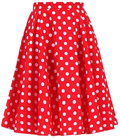 Damen Rockabilly Rock Vintage 1950er Jahre Retro Gepunktet Faltenrock Elastische Hohe Taille Swing Glockenrock Tellerrock Plissee A-Linie Knielang Festliche Röck Trachtenrock Sommer Rot Gepunktet XL