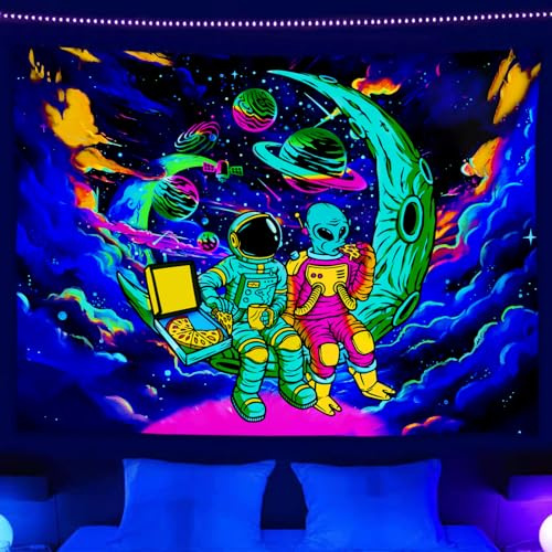 Lustiger Weltraum-Astronaut Alien Schwarzlicht Tapisserie UV reaktives Poster Trippy Universum Schwarzlicht Dekor für Männer Jungs Zimmer Schlafzimmer Cool Groß Psychedelic Hippie Glow in the Dark