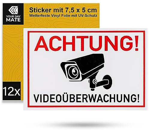 Aufkleber Set Achtung! Videoüberwachung!, 12 Stück, 7,5 x 5 cm, selbstklebende Folie, Klebesticker Innen- und Außenbereich, Video Überwachung Warnung Sticker, Kamera überwacht Hinweisschild kleben