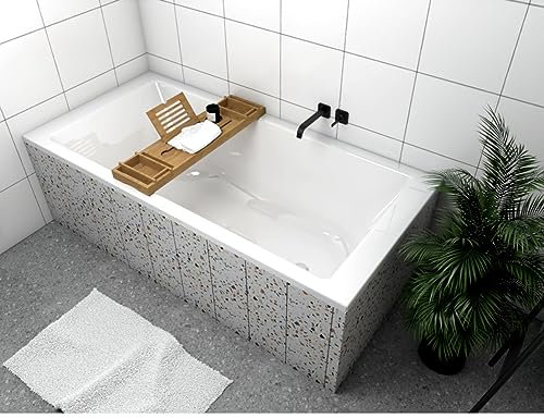 ECOLAM® große Badewanne 190x90 cm TAMI Rechteck + Bambusablage Styroporverkleidung befliesbar Wanne Acrylwanne Acryl weiß + Ablaufgarnitur Ab- und Überlauf Automatik Füße Silikon Set