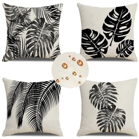Outdoor Wetterfest Kissenbezug 45x45 cm 4er Set Schwarz Kissenbezüge Weiss Outdoor Kissen Wasserdicht Leinen Sofakissen Dekokissen für Garten Couch Terrasse Bank Stuhl Outdoor Heimdekoration Geschenke