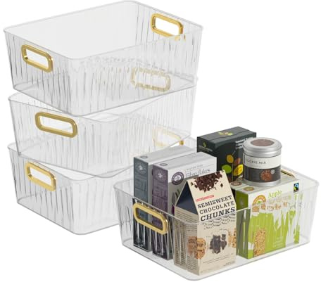 Fosly Clear Pantry Organizer Bin, Fridge Organiser with Handles Set of 4 | High Quality Plastic, BPA Free, Clear Storage Box Container for Kitchen, Bathroom, Office
