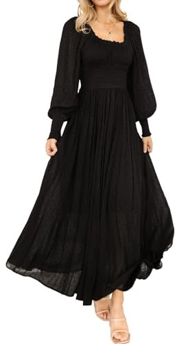 R.Vivimos Women's Square Neck Long Puff Sleeve Casual Maxi Dress Empire Waist Swiss Dots Long Peasant Dress(XLarge,Black)