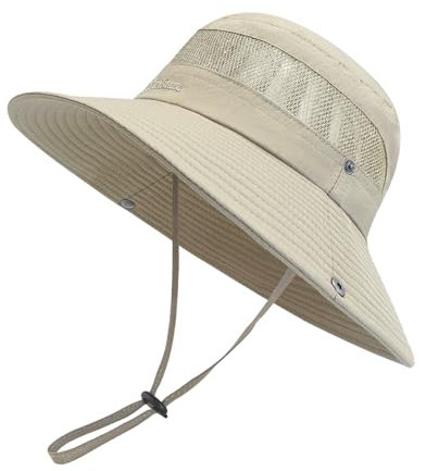 SEYUFN Damen Sonnenhut Outdoor Sommer Wanderhut Damen UV-Schutz Bucket Cap Faltbar Mesh Pferdeschwanz Breite Krempe Zum Safari Angeln (B-Kein Pferdeschwanzloch-Khaki)