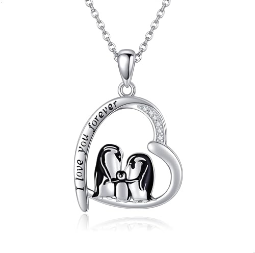 Pinguin Kette 925 Sterling Silber Herz Pinguin Familie Anhänger Halskette Pinguin Schmuck Schwiegertochter Geschenke für Damen Frauen Mädchen Mutter Pinguine Liebhaber