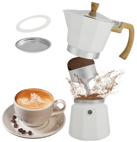 GUIJZSLTRG Cafetera Moka, cafetera de aluminio para estufa, 6 tazas de 300 ml, cafetera italiana desmontable, olla de espresso portátil para camping, caravana, amantes del café, color blanco