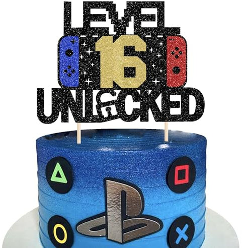 SYKYCTCY 1 Pack 16 Video Game Cake Topper Glitter Level Unlocked 16th Birthday Cake Pick Game On Controllers Cake Decoration for Gaming Theme Boys Girls 16th Birthday Anniversary Party Decorations