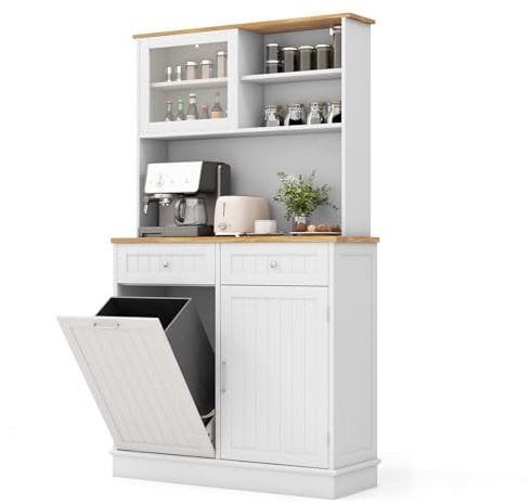GiantexUK Tilt Out Trash Bin Cabinet, Wooden Tall Kitchen Cupboard with Rubber Wood Countertop, Adjustable Shelves & Drawers, Freestanding Pantry Sideboard for Dining Room, Trash Bin Not Included