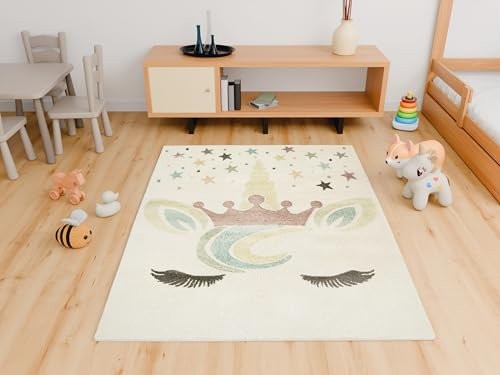 AKCILA Lima Cremig Einhorn, Krone 120x170 cm Kinderzimmer Teppich, Babyzimmer Tepich, Kurzflorteppich Schlafzimmer,Teppiche Gegend, Dekorativ Kids Carpet, Kinderteppich, Spielteppich, Tepich Mädchen