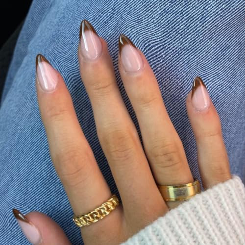 SXVME 30 Pcs Acrylic Press on Nails Short Almond, Brown French Tip False Nails Short Pointed Stiletto, Natural Nude Fake Nails Set Classic Soft Gel Stick on Nail for Women Daily Wedding Wear