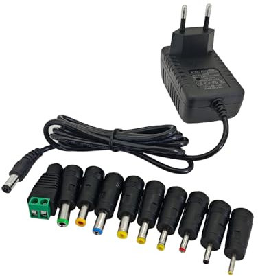 JZK Adaptador de Corriente 12V 1A, Adaptador de Fuente de Alimentación AC/DC con 10 Conectores DC para Tira LED, Altavoz, Cámara CCTV, Radio, Carcasa, Ventilador, Cargador de Reemplazo, 12V 1000mA Máx