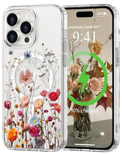 L-FADNUT Magnetisch Handyhülle für iPhone 13 Pro Hülle Kompatibel mit MagSafe, Transparent Blumen Muster Schutzhülle Hart PC Rückseite Dünne Stoßfest Kratzfestes Case für iPhone 13 Pro, Rot