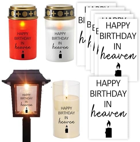 6 Stück,Grabkerzen-Aufkleber Set 'Happy Birthday in Heaven',Dekoratives Gedenklicht-Design mit Kerzen-Motiv Himmelsgeburtstag, Geburtstagslicht, einfache Handhabung, personalisiere Grablichter