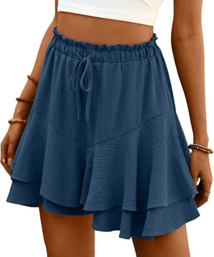 ABINGOO Shorts Damen Sommer Rüschen Strandshort Einfarbig Leichte Hosenrock | Leicht und Luftig Flowy Minirock Elastische Hoher Taille Kurz Strand-Hosen Mit Kordelzug für Lounge, Urlaub & Beach