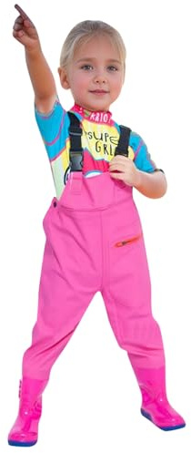 Kinder-Wathose für Jungen und Mädchen,Verstellbare Träger,Rückenschnalle Design,wasserdichte Regenhose mit Stiefeln, Wathose für Jugendliche Comfort