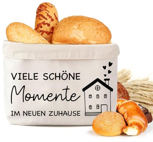 QXRXN Brotkorb Stoff Geschenk zum Einzug ins Haus VIELE SCHÖNE MOMENTE IM NEUEN ZUHAUSE, Brötchenkorb Einweihungsgeschenk Wohnung Lustig, Brottasche Geschenk zum Umzug In Ein Neues Haus