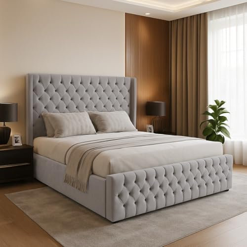 Adore Living Ottoman Bed Winged Plush Velvet Chesterfield Storage Size Bed (SILVER, Double 4 FEET 6)