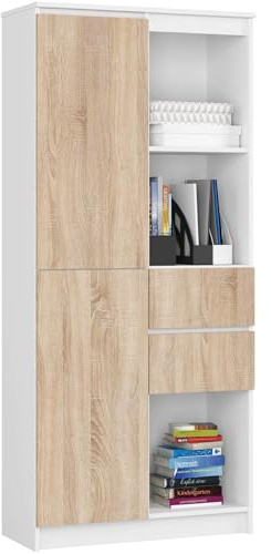 AKORD Bücherregal R15 7 Regale 2 Schubladen und Türen | für Dokumente Bücher für einen Schlafzimmerschrank Bücherregale Laminierte Platte 16 mm | Weiß & Sonoma-Eiche