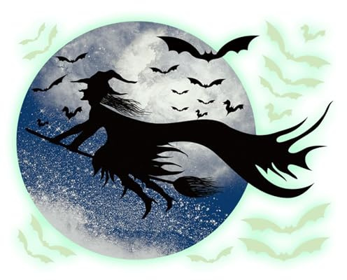 Witch Sticker Vinyl - Halloween Wall Decor,Moon and Bats Silhouette Poster Scary Decor for Room Cafe