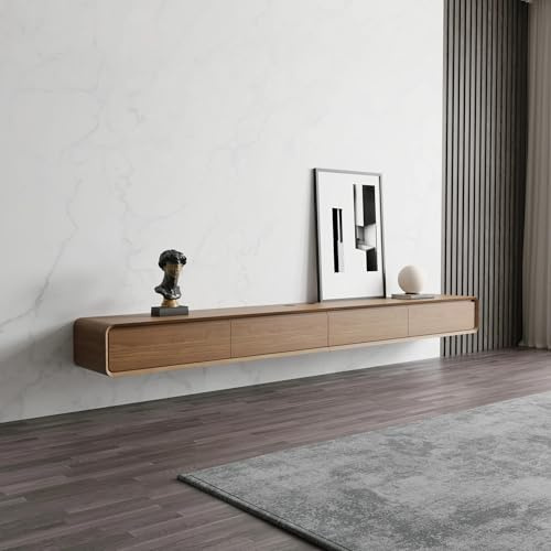 POVISON TV Schrank schwebend 280cm modern Walnussholz aus Massivholz mit 4 Schubladen, TV Lowboard hängend mit Kabelmanagement hochwertig, Komplettmöbel mit Stauraum für Wohnzimmer