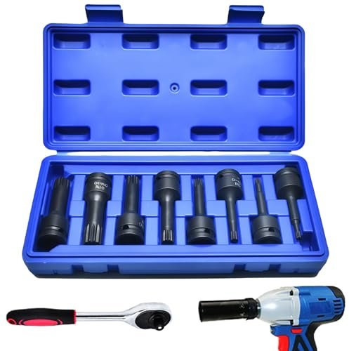 Jeu de 8 douilles à denture multiple 1/2 Force XZN avec mallette de rangement, M5 M6 M8 M10 M12 M14 M16 M18, acier Cr-Mo