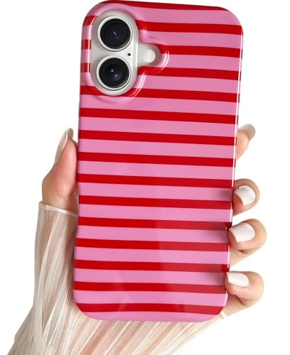 SmoBea Kompatibel mit iPhone 16 Hülle, Süßes horizontal Striped Handyhülle, weiches, schlankes, stoßfestes TPU-Telefoncover für Frauen und Mädchen, schön und stilvoll,Red