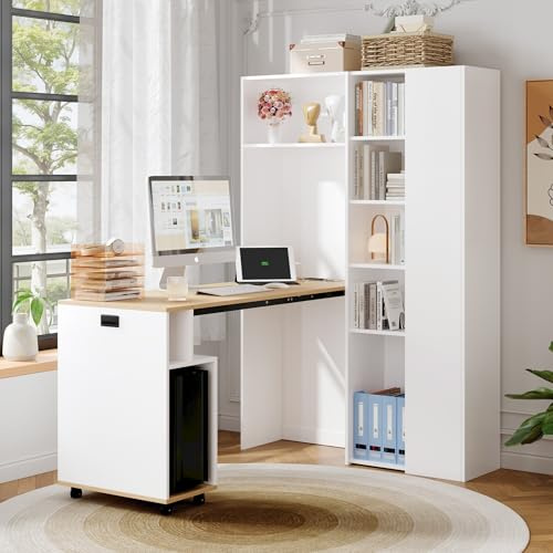 YuQozii Klappbarer Schreibtisch mit Ablagen –2-in-1-Bücherregal und Schreibtisch, klappbar, mit Steckdose und USB-Anschluss, höhenverstellbare Ablagen, Kippschutz, weiß