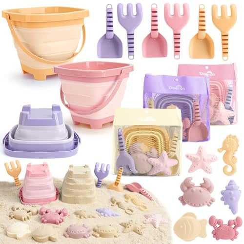 Dreamon Sandspielzeug Strandspielzeug Kinder, 18 PCS Reise Sandspielzeug mit Faltbarer Eimer, Sandkasten Strand Spielzeug für Kinder ab 3 4 5 Jahre Mädchen Junge (Rosa, Gelb, Lila)
